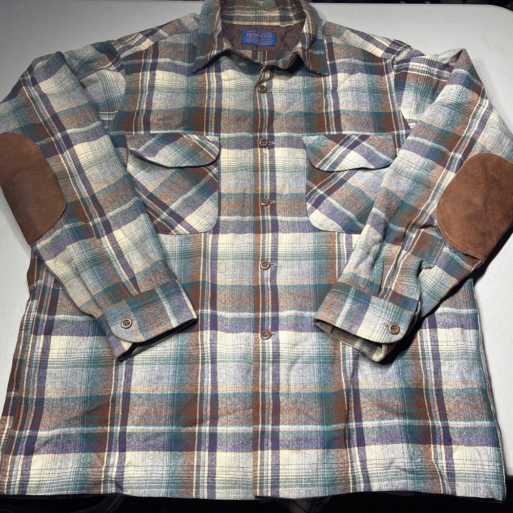 Pendleton Loop Collar Board Shirt Plaid 100% Wool Pockets Elbow Pads Mens Large